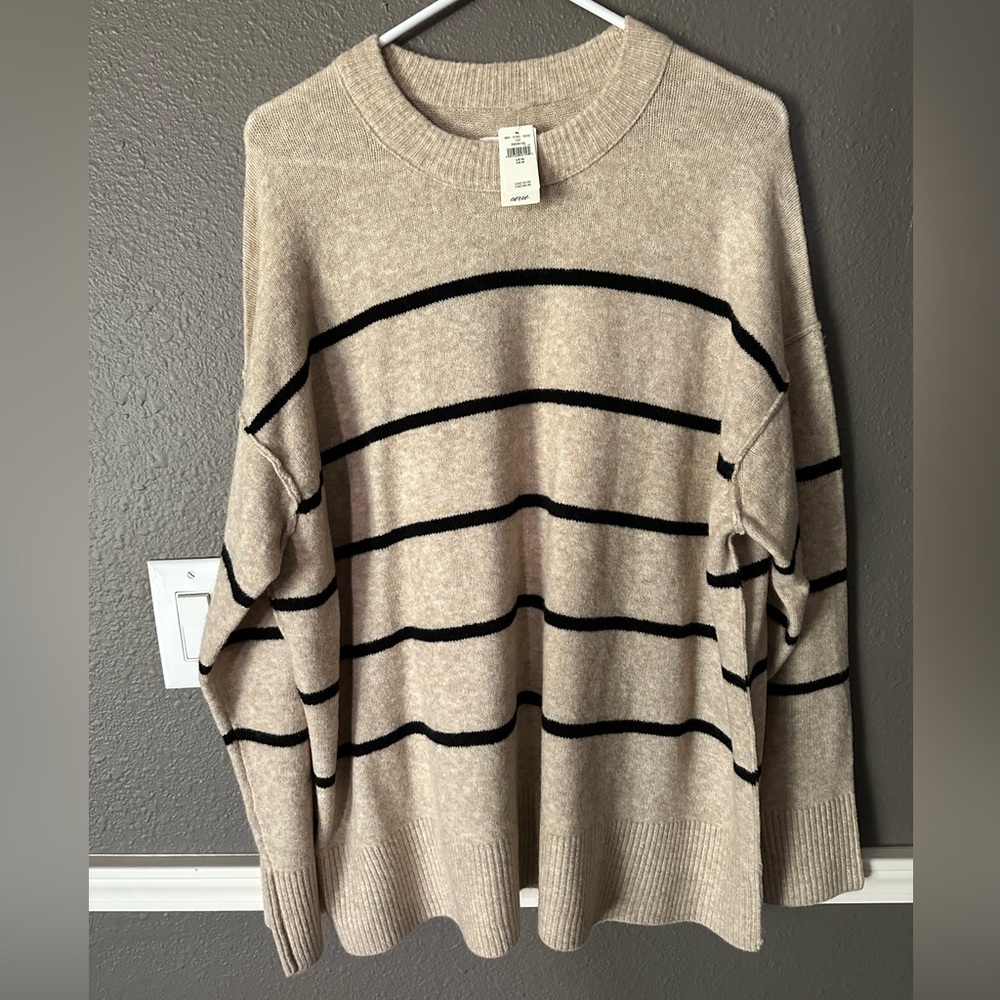 aerie Beige Cream Crewneck Sweater with Black Stripes